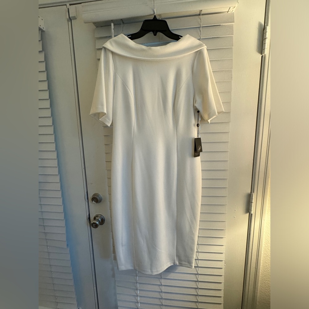 Adrianna Papell V-Back Foldover Collar Short Sleeve Sheath Dress Size 14 NWT